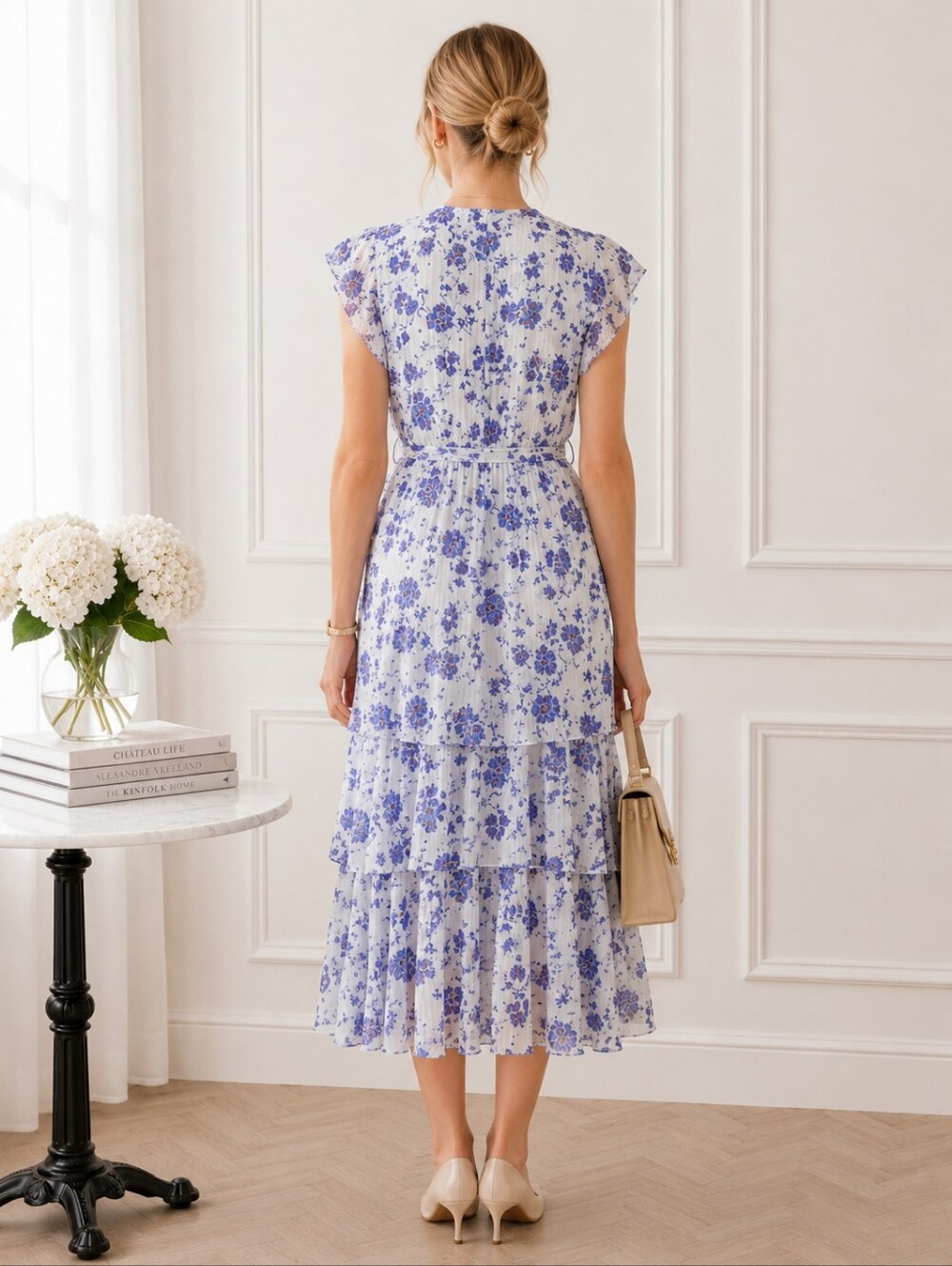 J Gee | Blue Floral Teired Midi Dress with V-Neck. | Size Medium - Picture 2 of 7